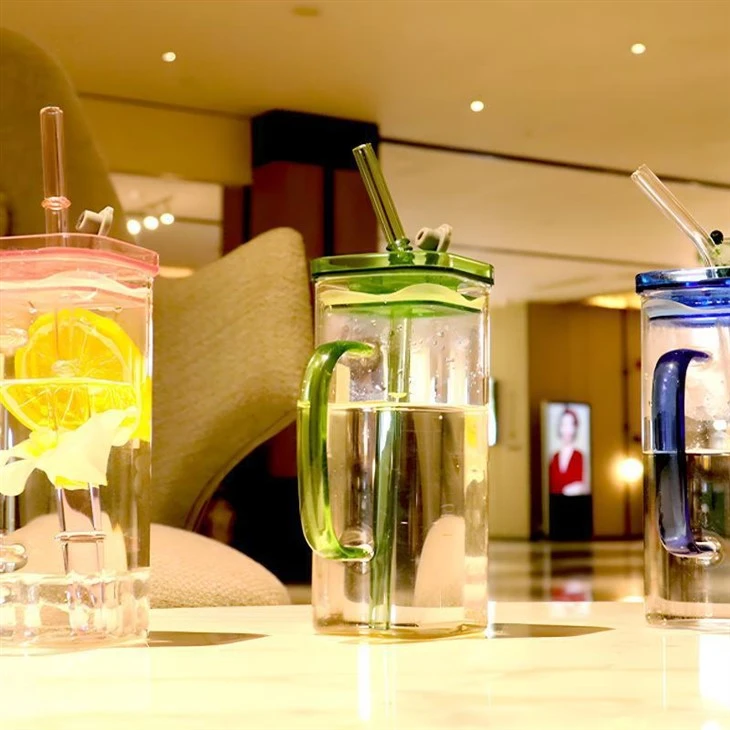 Square Glass Cup With Coloured Handle